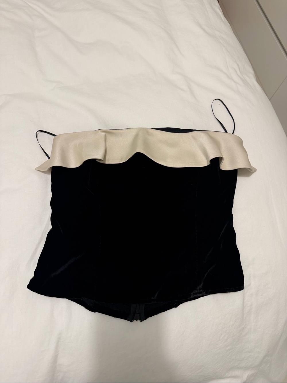 Reformation Black Velvet Bandeau with Cream Ruffle